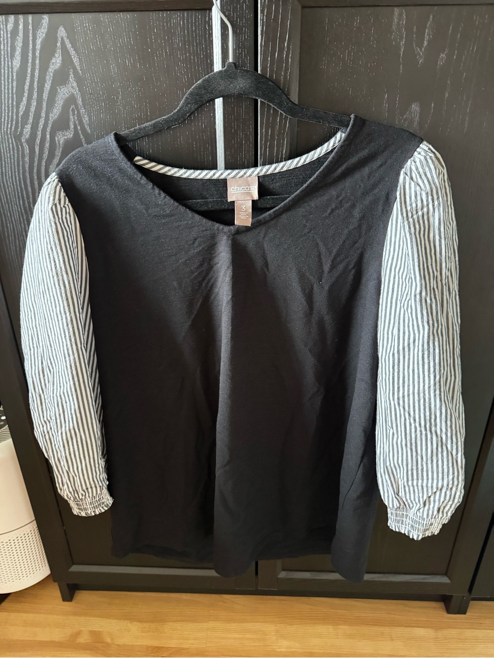 Chico's Black Knit Top with White and Black Striped Puff Sleeves